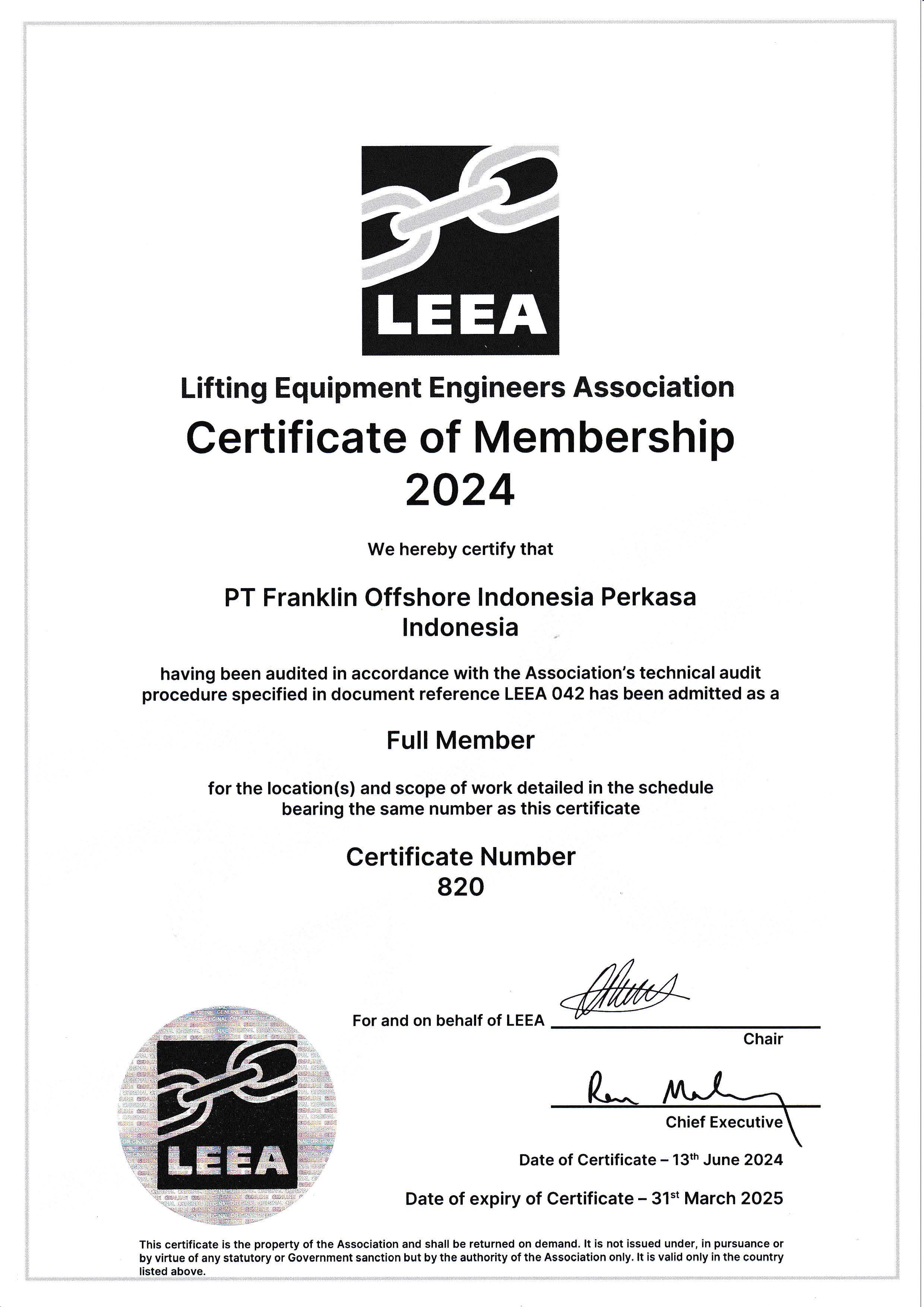 LEEA Certificate of Membership